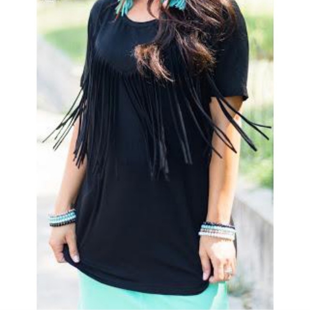 Cowgirl Justice black fringe western top loose fit long tunic length S/M stretch